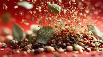 Herbs and spices explosion on a red background for culinary concepts photo