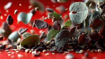 Herbs and Spices in Dynamic Motion Against a Vibrant Red Background photo