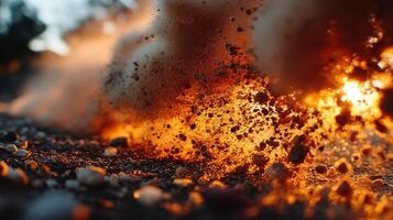 Ground level explosion scattering dirt and rocks with fiery backlight photo