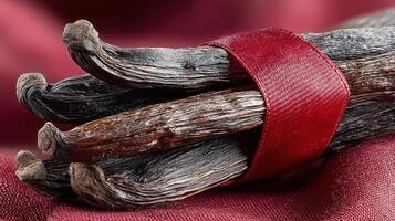 Gourmet vanilla beans tied with elegant ribbon on red fabric background photo