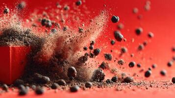 Ground coffee explosion against vibrant red backdrop creating dynamic scene photo