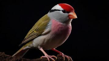 Close-up of a vibrant Red-headed Finch perched on a branch against a dark background photo