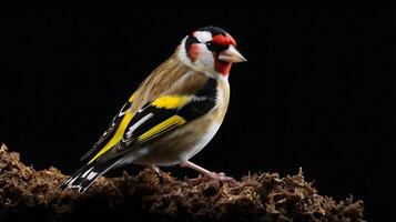 A vibrant European goldfinch bird perched on a textured surface against black photo