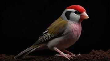 Stunning close-up of a colorful bird perched on the ground against a dark background photo