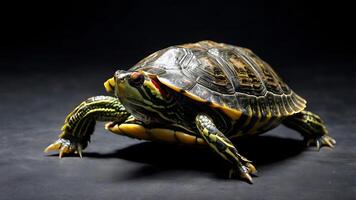 A close-up shot of a red-eared slider turtle on a dark, textured background. photo