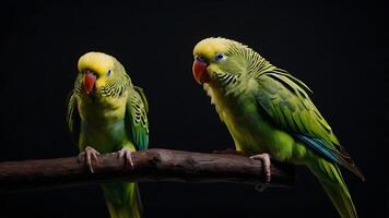 Two vibrant green parakeets perched on a wooden branch against a dark background photo