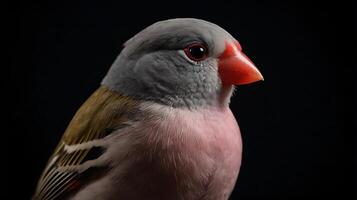 Close-up of a beautiful Java Sparrow bird with vibrant colors and a dark background photo