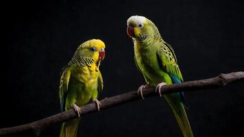 Two vibrant green and yellow budgerigars perched on a branch against a dark backdrop photo