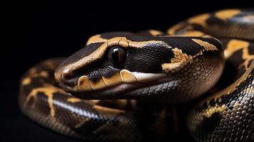 Close up portrait of a beautiful ball python snake on a dark background. photo