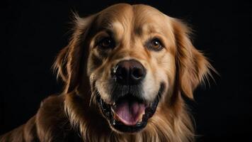 Close-up portrait of a happy Golden Retriever dog with a dark background. photo
