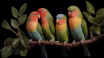 Four vibrant lovebirds perched on a branch against a dark background photo