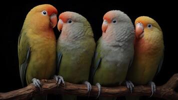 Four colorful lovebirds perched on a branch against a stark black background photo