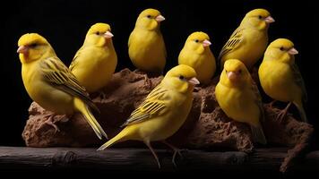 A group of vibrant yellow canaries perched on a branch against a dark backdrop photo