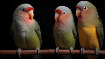 Three beautiful peach-faced lovebirds perched on a branch against a black background photo