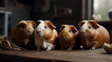 Adorable guinea pigs in a row, looking curious on a wooden surface indoors. photo