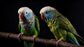Two vibrant green and blue parrots perched on a branch against a dark background photo