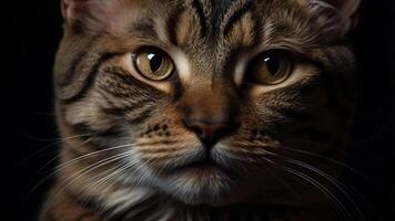 Close-up of a beautiful tabby cat face with striking eyes and whiskers photo