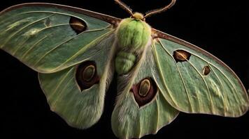 Stunning macro shot of a vibrant green Luna moth with detailed wing patterns photo