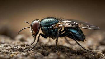 Macro shot of a vibrant green bottle fly resting on a textured surface photo