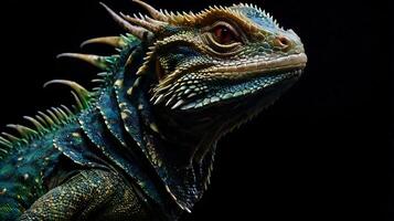 Stunning close-up portrait of a vibrant iguana, showcasing its intricate details photo