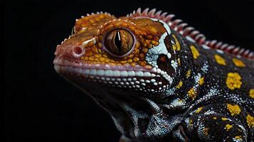 Stunning close-up of a vibrant gecko with intricate patterns and captivating eyes. photo