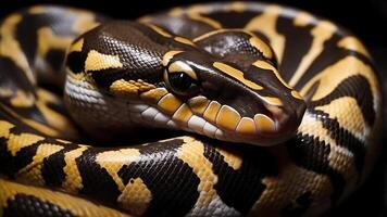 Close-up of a coiled ball python showing intricate patterns and textures photo