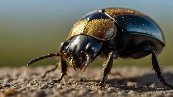 Close-up of a shiny beetle crawling on rough terrain, showcasing intricate detail. photo