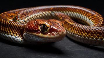 Stunning close-up portrait of a vibrant snake with intricate patterns on dark background photo