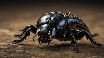 Close-up of a shiny black beetle on a textured brown surface in natural light photo