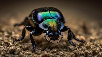 Stunning macro shot of a vibrant, iridescent beetle on a textured ground photo