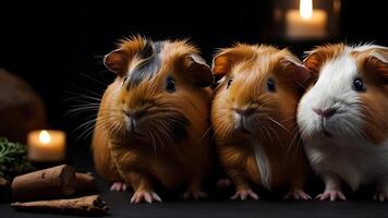 Three adorable guinea pigs with soft fur and curious eyes pose together indoors photo