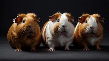 Three adorable guinea pigs posing together in a studio against a dark backdrop photo