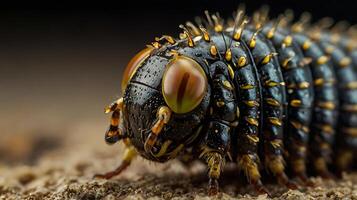Close-up of a vibrant segmented millipede crawling on sandy textured ground. photo