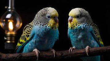 Two vibrant budgies perched on a branch against a dark background with soft light. photo