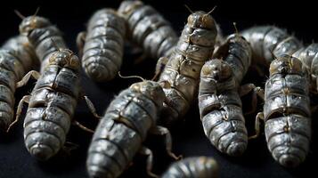 Close-up of cicada exoskeletons on a dark surface, showcasing natural textures photo