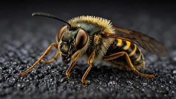 Macro photograph of a detailed bee resting on a textured dark surface photo