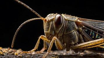 Extreme close up of a detailed grasshopper insect with striking eye and texture photo