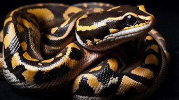 Close-up of a coiled snake with striking yellow and black patterns on dark background photo