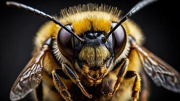 Macro close up of a bee showing intricate details against a dark background photo