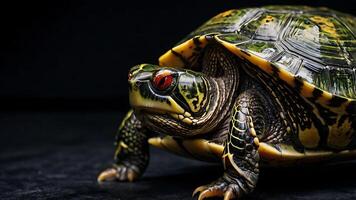 Close up shot of a vibrant Red-Eared Slider turtle against a dark backdrop. photo