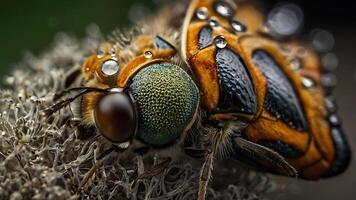 Macro photograph of a bee with water droplets on its body and intricate details photo