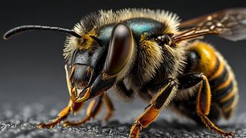 Macro shot of a detailed bee showcasing intricate patterns and textures in nature. photo
