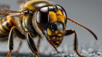 Macro shot of a detailed bee showcasing its intricate features and textures photo