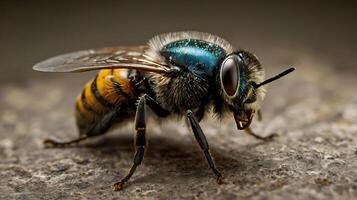 Macro shot of a stunning iridescent bee showcasing intricate details and textures. photo