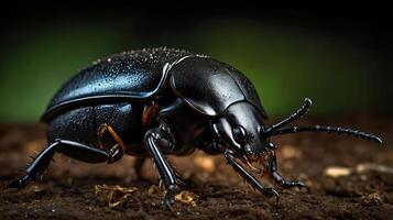 Macro shot of a shiny black beetle crawling on the ground with detail photo