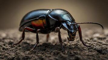 Macro shot of a shiny black beetle on brown soil, detailed insect portrait photo