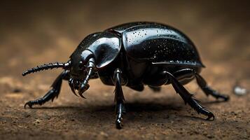 Macro shot of a shiny black beetle crawling on brown textured ground surface. photo
