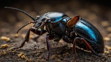 Macro shot of a shiny black beetle with iridescent blue highlights on natural ground photo
