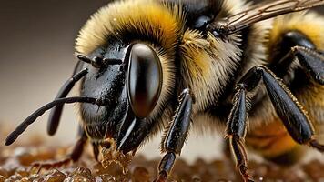 Close-up macro shot of a bumblebee feeding on a sweet, sticky substance. photo