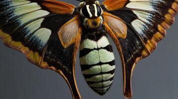 Macro shot of a vibrant butterfly with striking patterns and detailed textures. photo